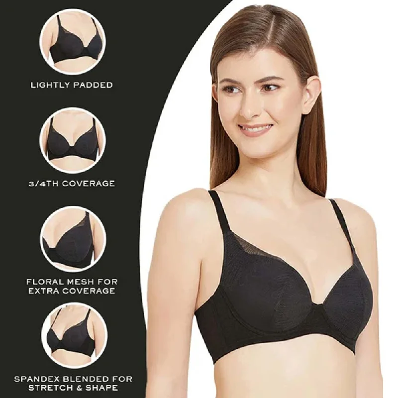 Verona Padded Wired  3/4th Cup Everyday Wear Medium coverage Lace Bra - Black