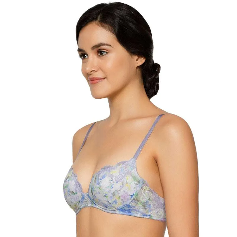 Bragenic Padded Non-Wired 3/4Th Cup Lace Fashion Bra - Grey