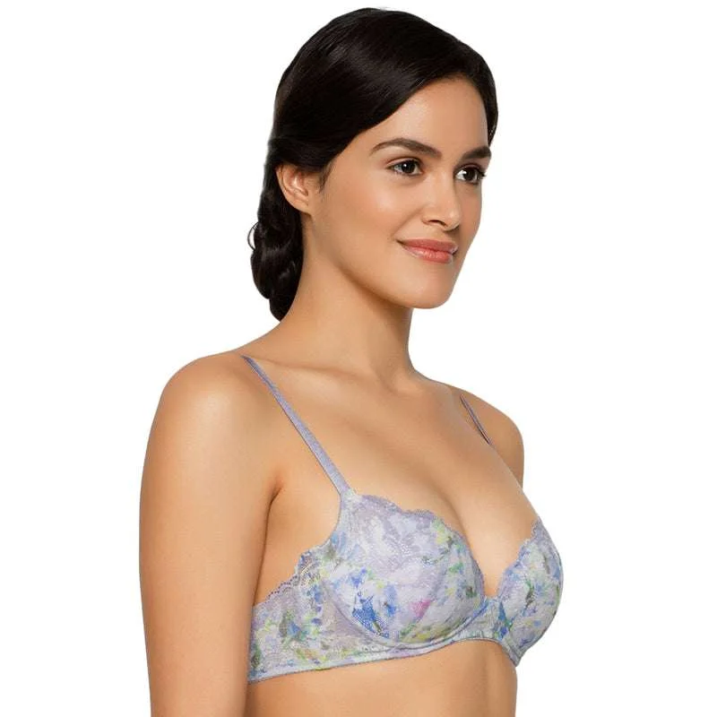 Bragenic Padded Non-Wired 3/4Th Cup Lace Fashion Bra - Grey