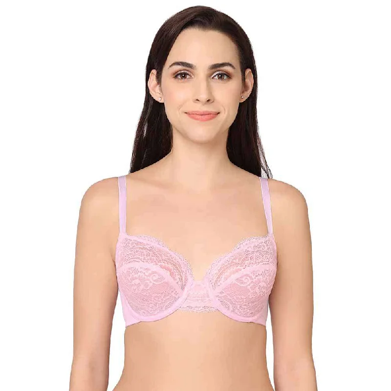 Essential Lace Non Padded Wired Full Cup Bridal Wear Lace Bra Full Support Bra - Pink