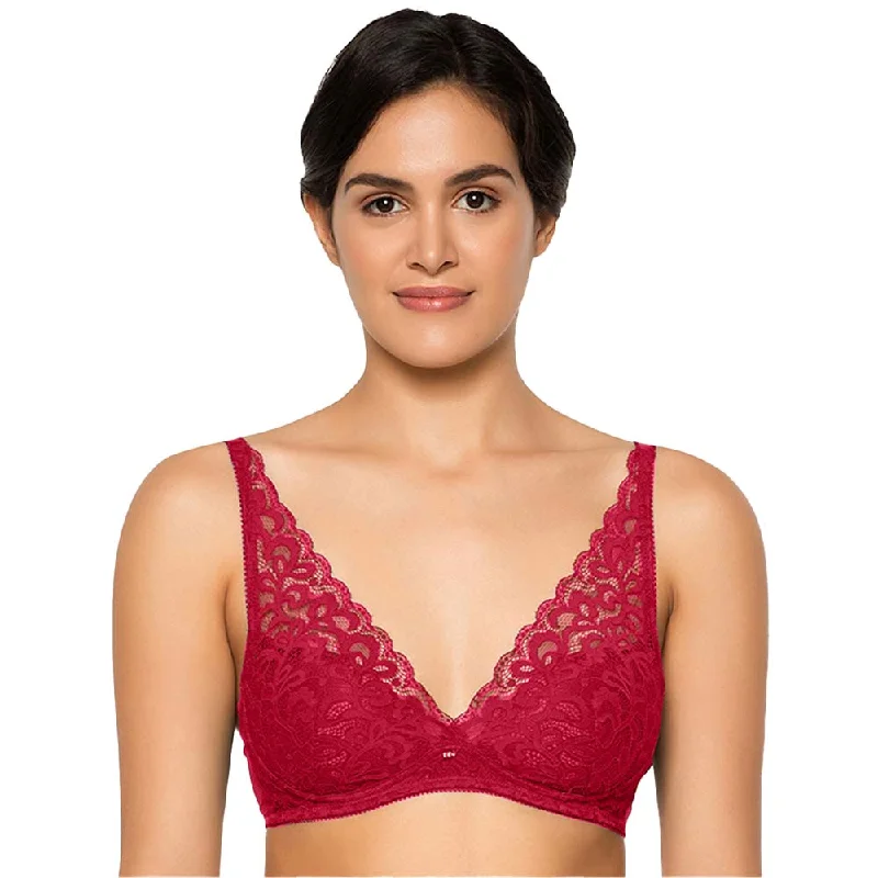 Mystique Padded Non-wired 3/4th Cup Bridal Wear Medium coverage Lace Push Up Bra - Red