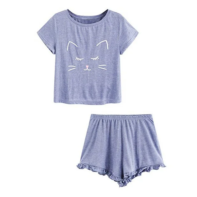 Women's Casual Cat Shorts Short Sleeve Ruffled T-Shirt Sleepwear Nightwear Set Sleepwear Trim Satin Top Sets nightdress New 3.21